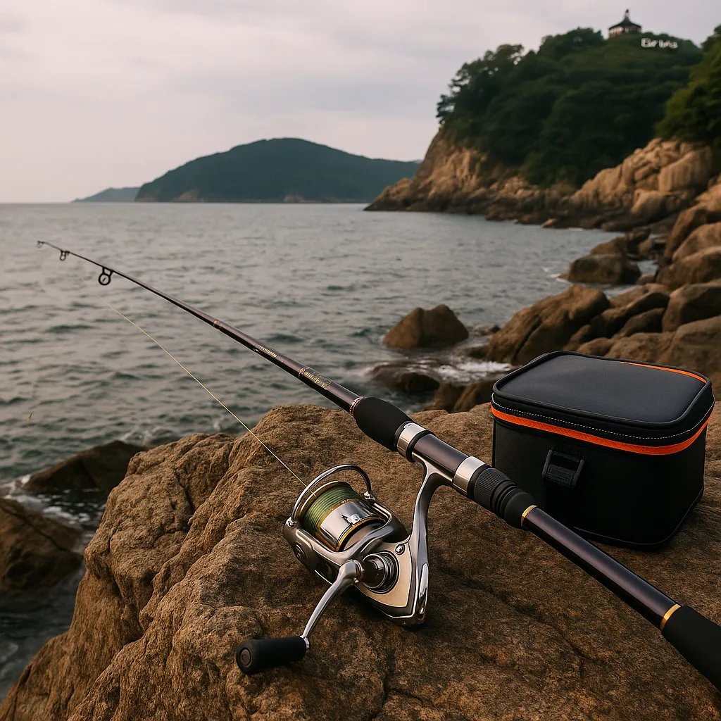 달아공원 아래 해안 바위 위에 세팅된 낚시 장비