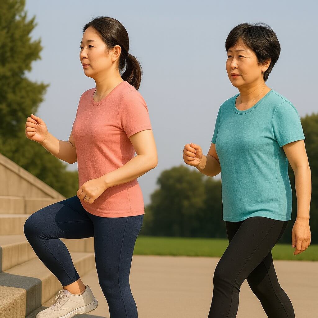 계단 오르기와 평지 걷기를 하는 중년 여성