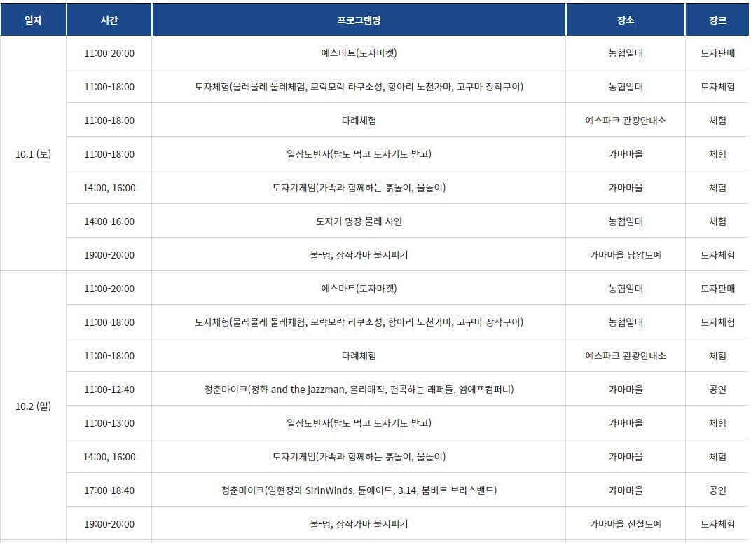 이천도자기축제-축제일정표