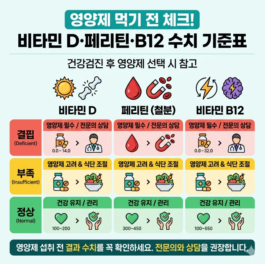 비타민 D 페리틴 B12 영양제 선택 전 수치 기준표 인포그래픽