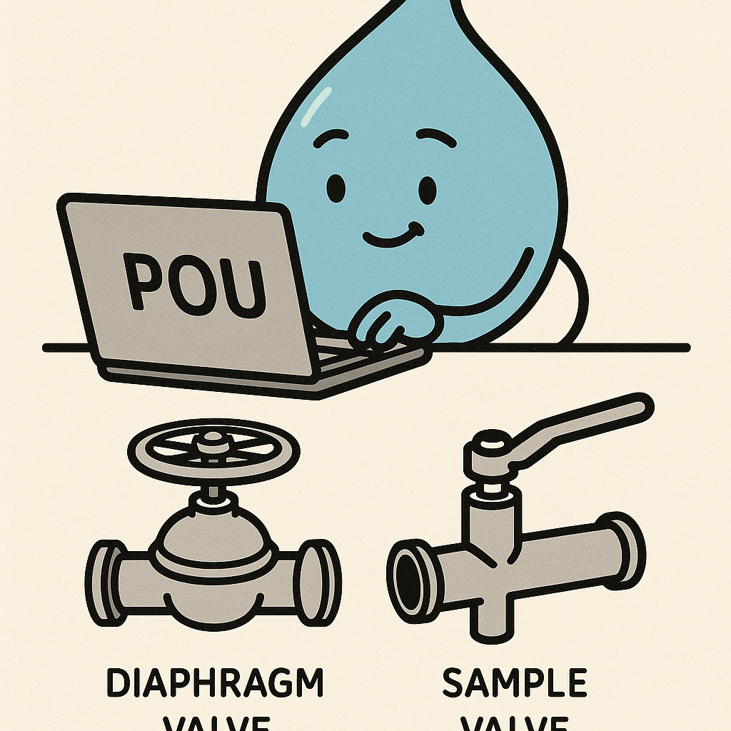 Cute water droplet character using laptop with POU text, showing diaphragm valve and sample valve illustrations