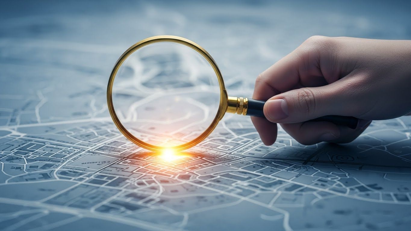 돋보기를 든 손이 도시 계획이나 부동산 레이아웃을 미묘하게 나타내는 복잡하고 약간 조각난 지도나 청사진을 부지런히 살펴보고 있는 시각적으로 매력적인 이미지입니다.