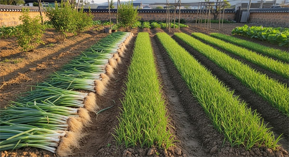 수확한 쪽파와 아직 남아 있는 쪽파 밭을 함께 보여주는 전경 