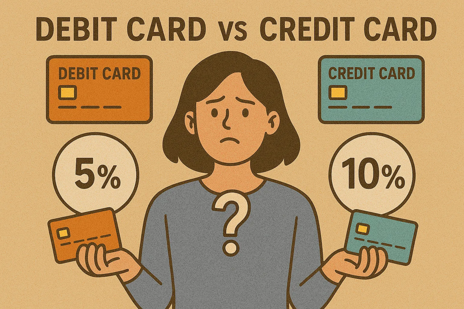 체크카드와 신용카드를 비교하며 할인율 차이를 고민하는 여성의 삽화