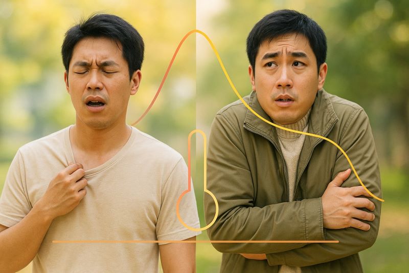 일교차 변화로 더위와 추위를 동시에 느끼는 남성의 모습