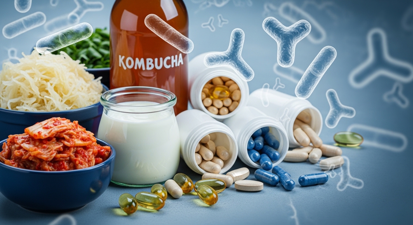 김치, 요거트 등 유산균이 풍부한 음식과 유산균 보충제가 함께 있는 모습, 장내 미생물 건강과 프로바이오틱스의 중요성을 강조함