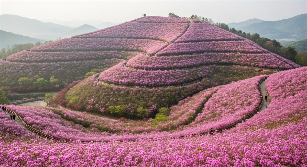 불암산 힐링타운의 연분홍 철쭉동산이 넓게 펼쳐진 봄 풍경