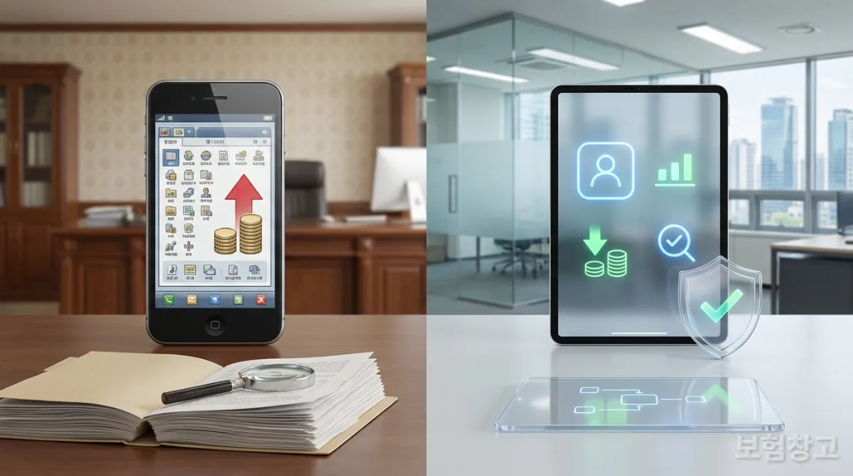 4세대와 5세대 실손보험의 핵심 차이점을 시각적으로 비교하는 분할 화면 이미지