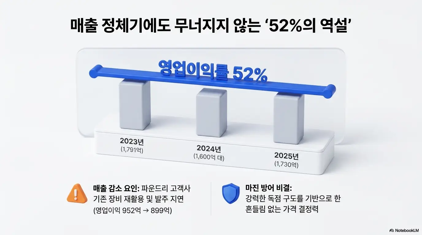 HPSP 주가 전망:&amp;#39;매출 정체기에도 무너지지 않는 52%의 역설&amp;#39;이라는 문구가 포함된 이미지. 2023년 1&amp;#44;791억원에서 2025년 1&amp;#44;730억원으로 매출이 정체된 가운데서도 영업이익률 52%를 유지한 HPSP 실적을 시각적으로 전달하며&amp;#44; 블로그의 HPSP 재무제표 분석과 관련된 내용을 설명함