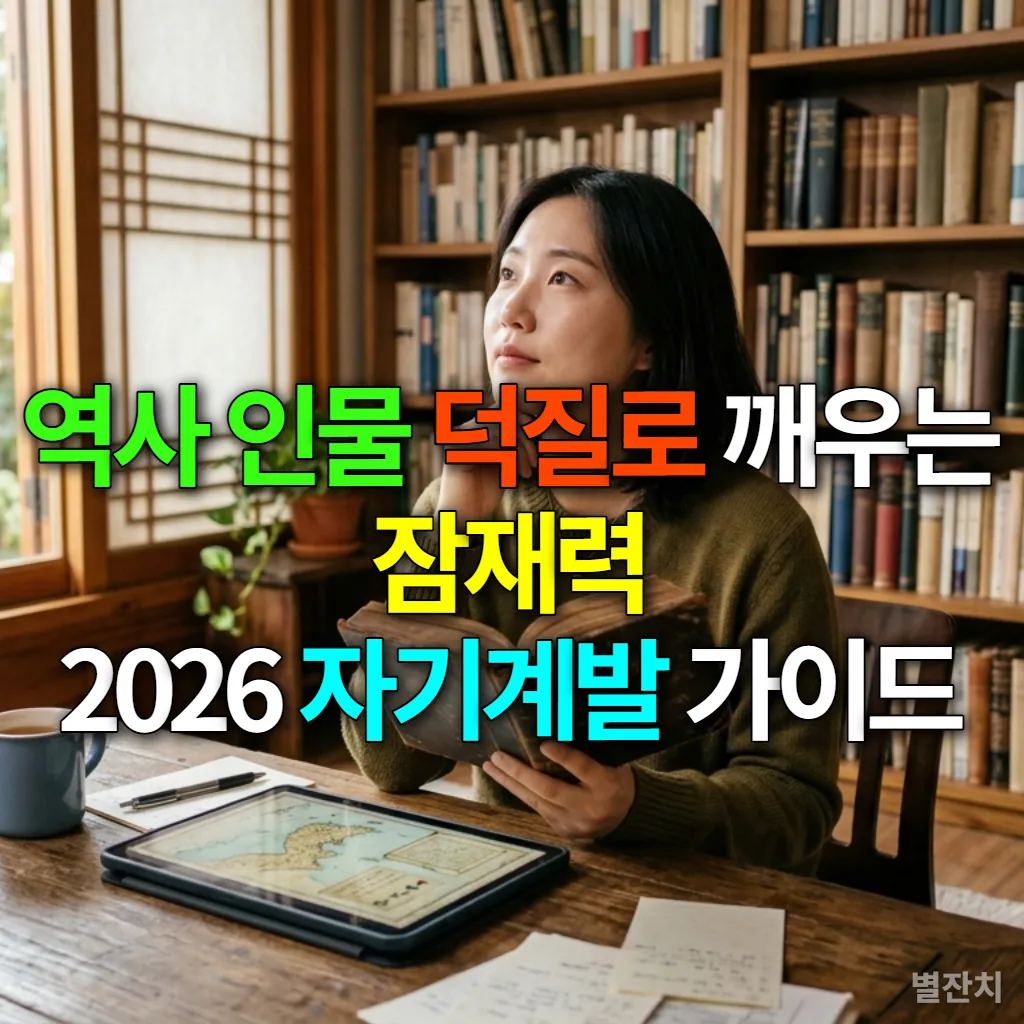 역사 인물 관련 서적과 태블릿을 들고 있는 젊은 한국 여성이 영감을 받은 표정으로 앉아 있는 모습
