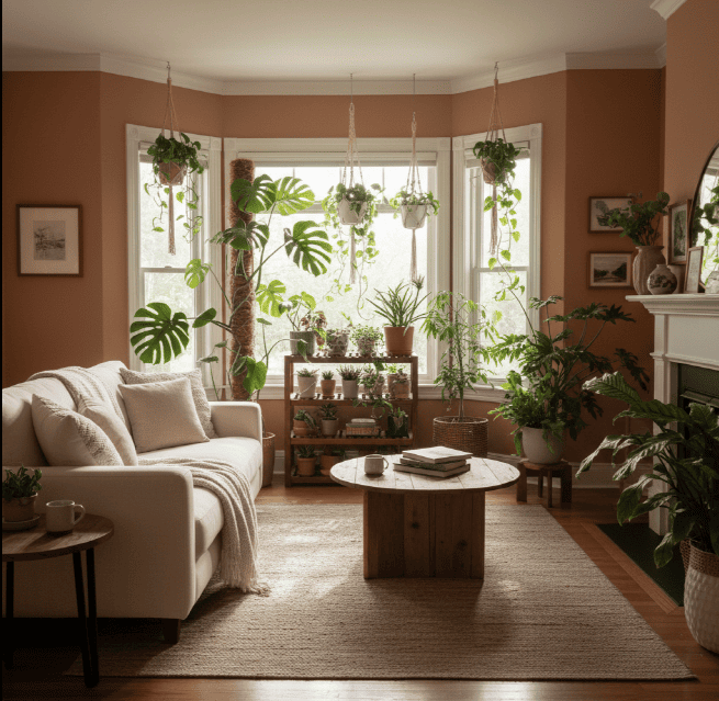 남향 거실 창가로 햇살이 들어오고 화분이 놓인 따뜻한 집 안 풍경