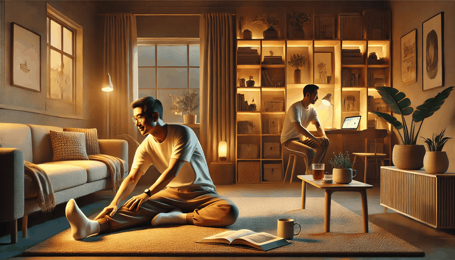 40대 남성이 퇴근후 집에서 스트레칭하는 이미지