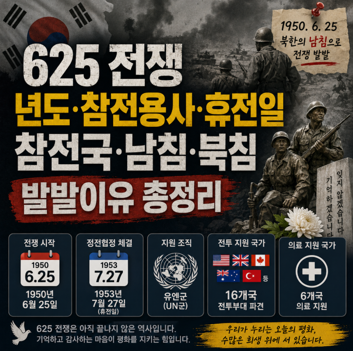 625 전쟁 년도 참전용사 휴전일 참전국 남침 북침 발발이유 총정리