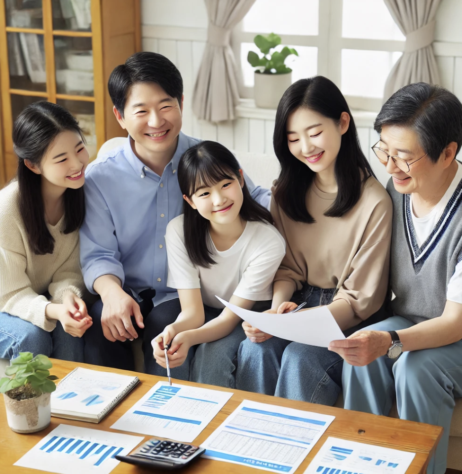 가족들이 모여 연금 관련 서류를 논의하는 모습.