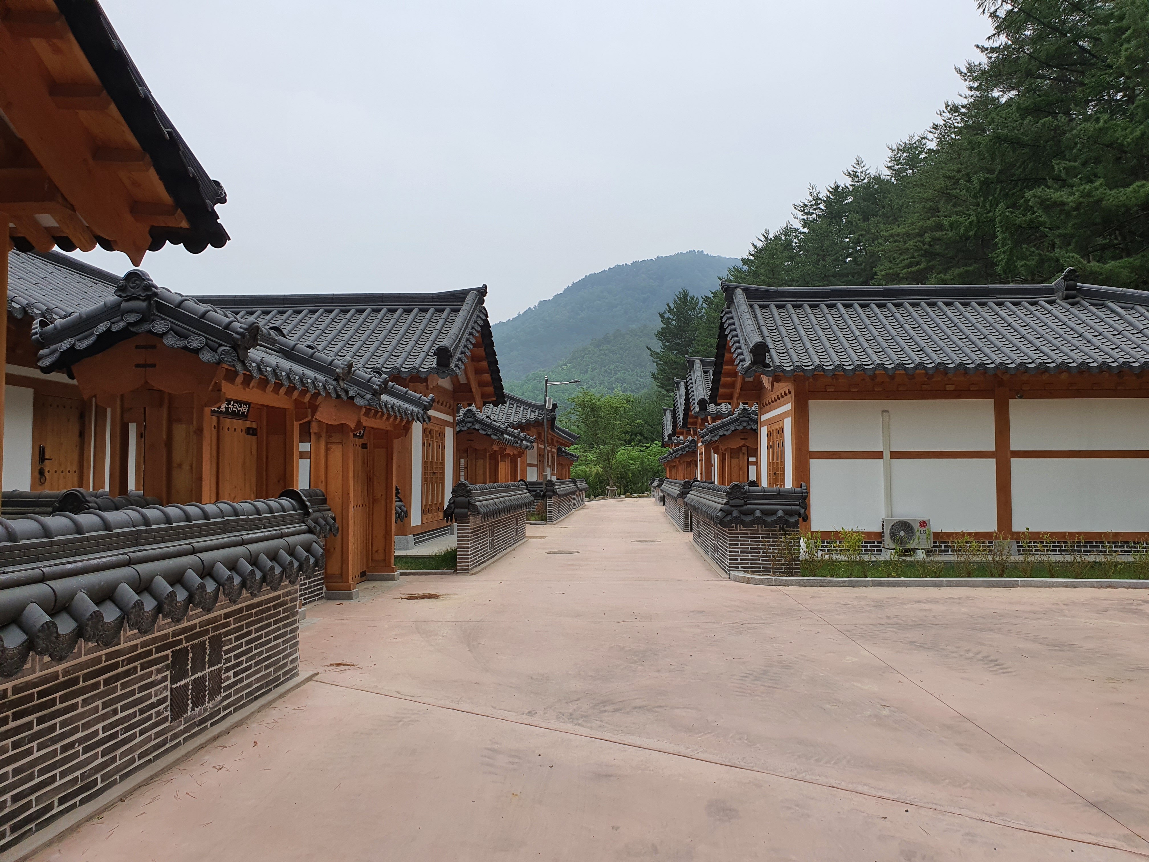 산자락 아래 전통 기와지붕과 나무 기둥이 조화로운 한옥 숙소가 자리 잡고 있으며 주위로 초록빛 나무들이 감싸고 있는 평화로운 모습