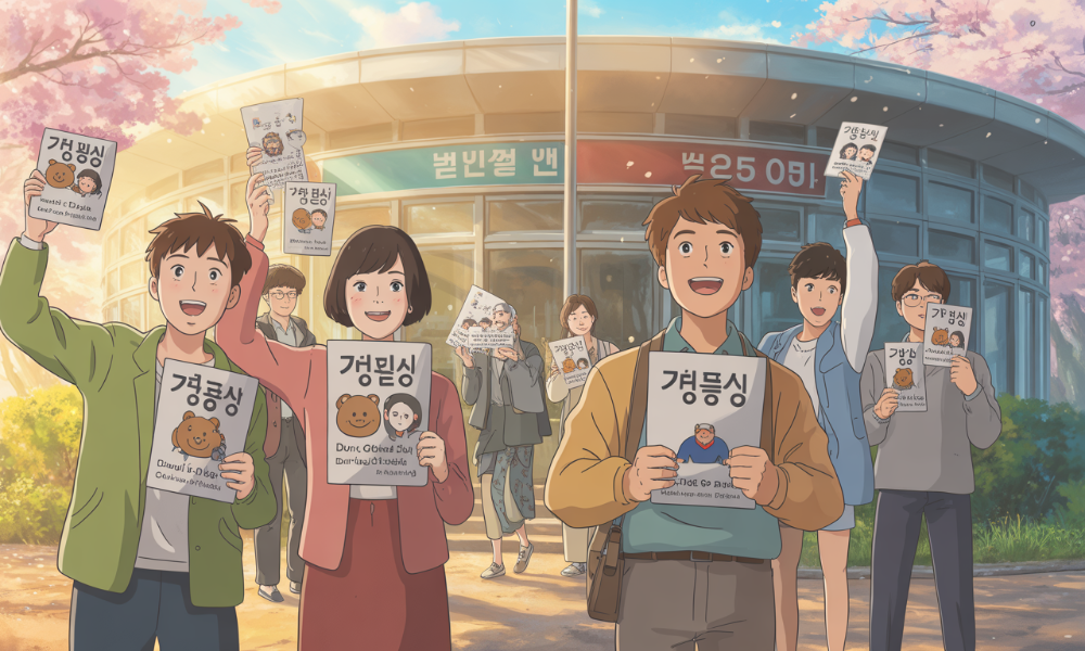 2025년 대선 투표소 앞에서 인기 캐릭터 인증용지를 들고 웃는 젊은이들