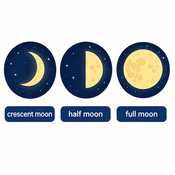 초승달과 반달, 보름달을 각각 crescent moon과 half moon, full moon으로 표현하는 모습을 보여주는 그림