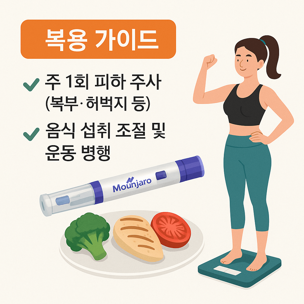 마운자로 복용 가이드와 체중 관리 팁을 담은 다이어트 콘텐츠용 이미지