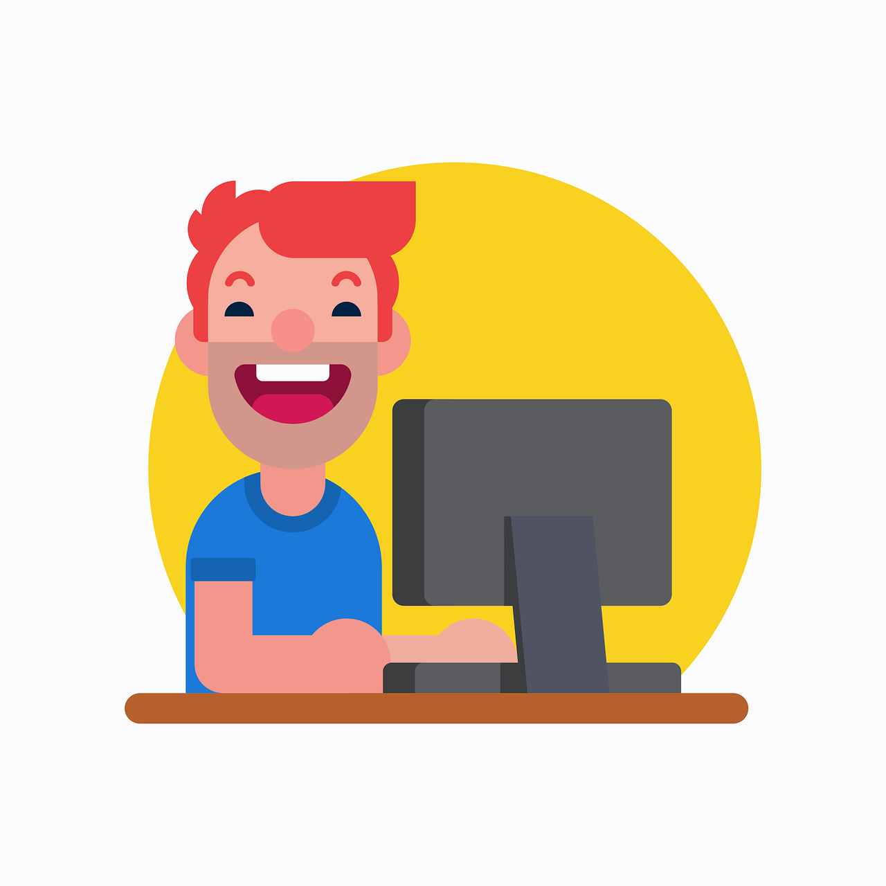 해맑게 웃으며 모니터 앞에 앉아 있는 남자사진