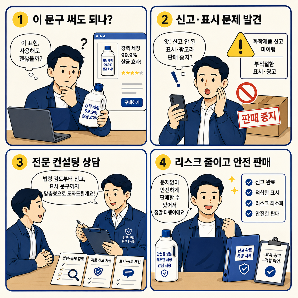 생활화학제품 표시광고 문제를 발견한 판매자가 전문 컨설팅 상담을 통해 신고와 표시 리스크를 줄이고 안전하게 판매하는 과정을 그린 네컷만화 이미지