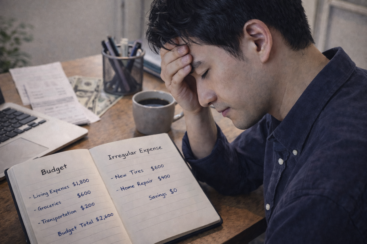 예상치 못한 지출로 기준이 흔들리는 재정 노트를 바라보고 한숨짓는 젊은 남자의 모습