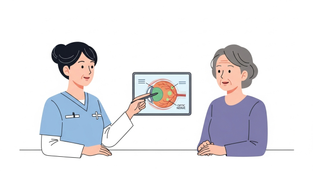 눈 검사 결과와 통증 원인을 환자에게 설명하는 안과의사