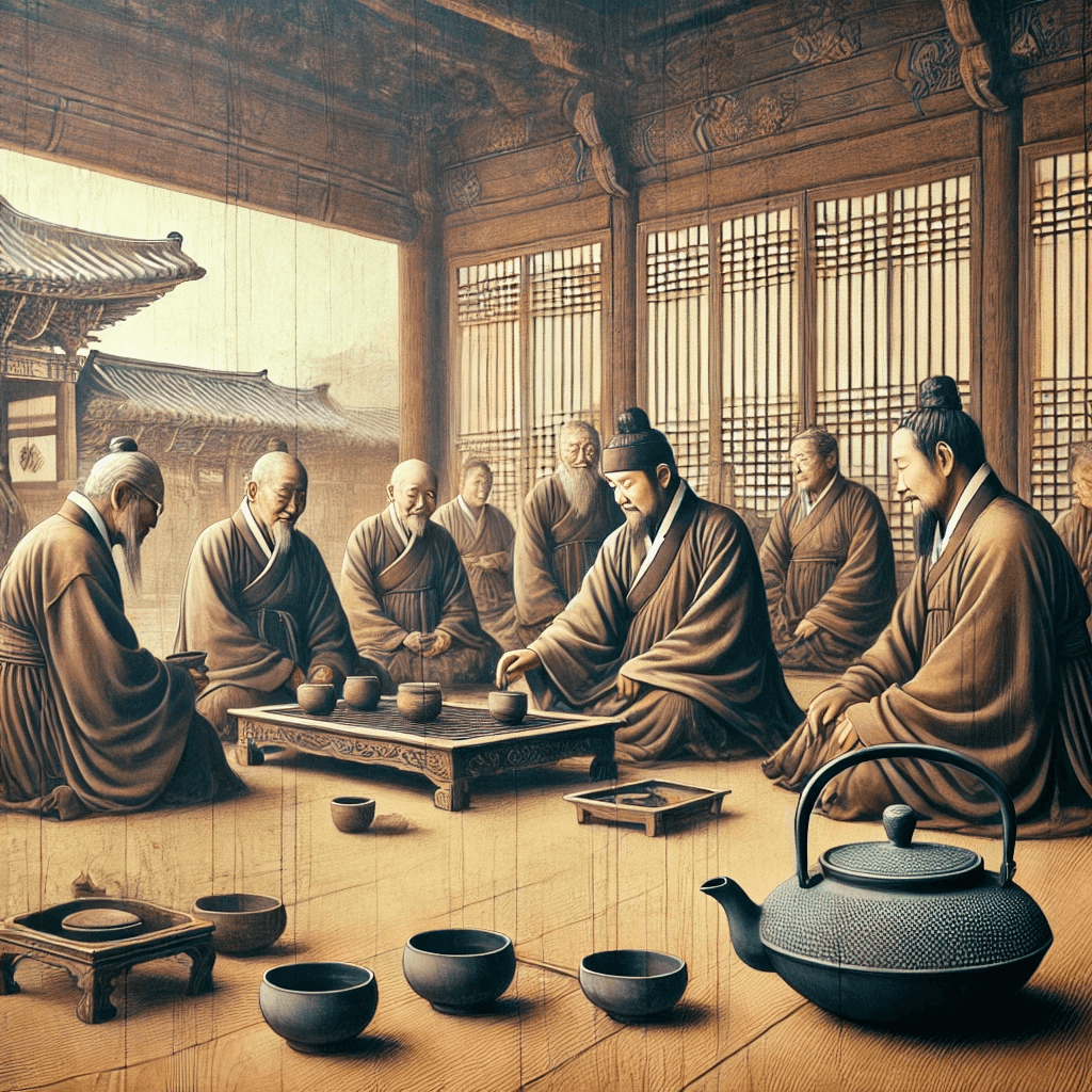 Buddhist monks in Korea practicing traditional tea rituals with historical tea bowls