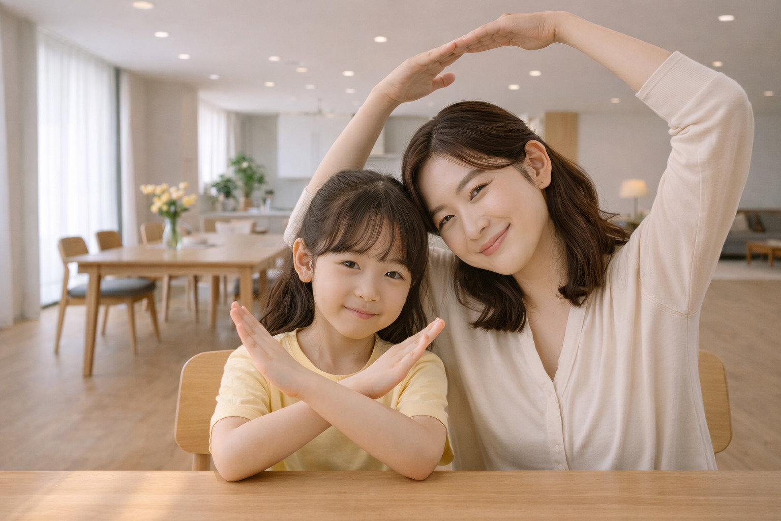 엄마와 7살 여자아이가 가까이 앉아 X와 O 제스처를 하며 따뜻하게 웃고 있는 모습