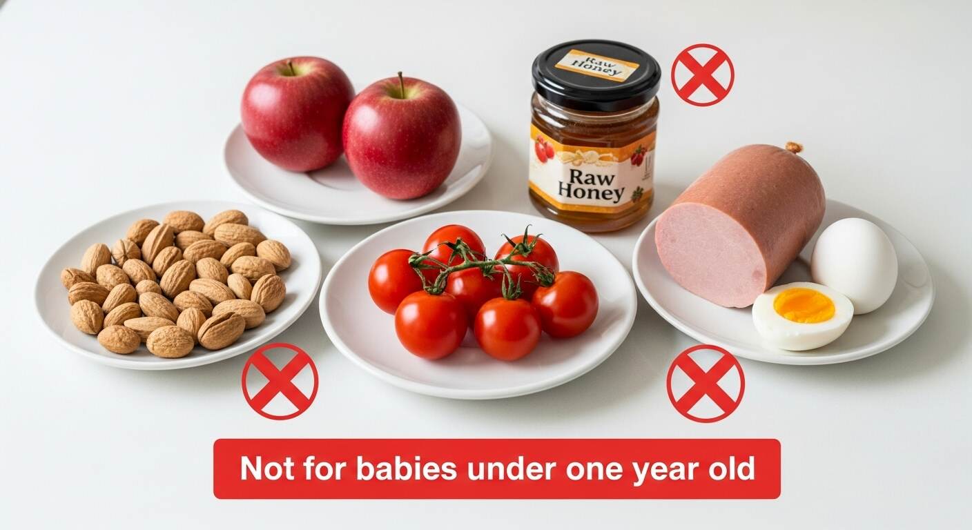 화이트 톤 조리대 위에 위험 식재료(통알갱이 견과류, 생사과, 방울토마토 통째, 생꿀 통, 햄·소시지, 반숙 계란)가 각각 작은 접시에 올려져 있고, 접시 옆에는 붉은 라벨 또는 X 마크가 붙어 있는 전문적인 안전 가이드 사진. 자연광 아래 ‘돌 전 아기 금지 식품’이라는 메시지가 시각적으로 명확하게 전달되는 이미지