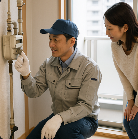 가스 개통을 위해 가스 회사 직원이 직접 방문하여 가스개통을 하는 모습입니다.