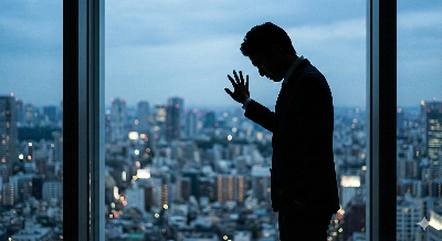 정장을 입은 리더가 창밖을 응시하며 고뇌하는 실루엣을 통해 중요한 의사결정의 순간을 표현