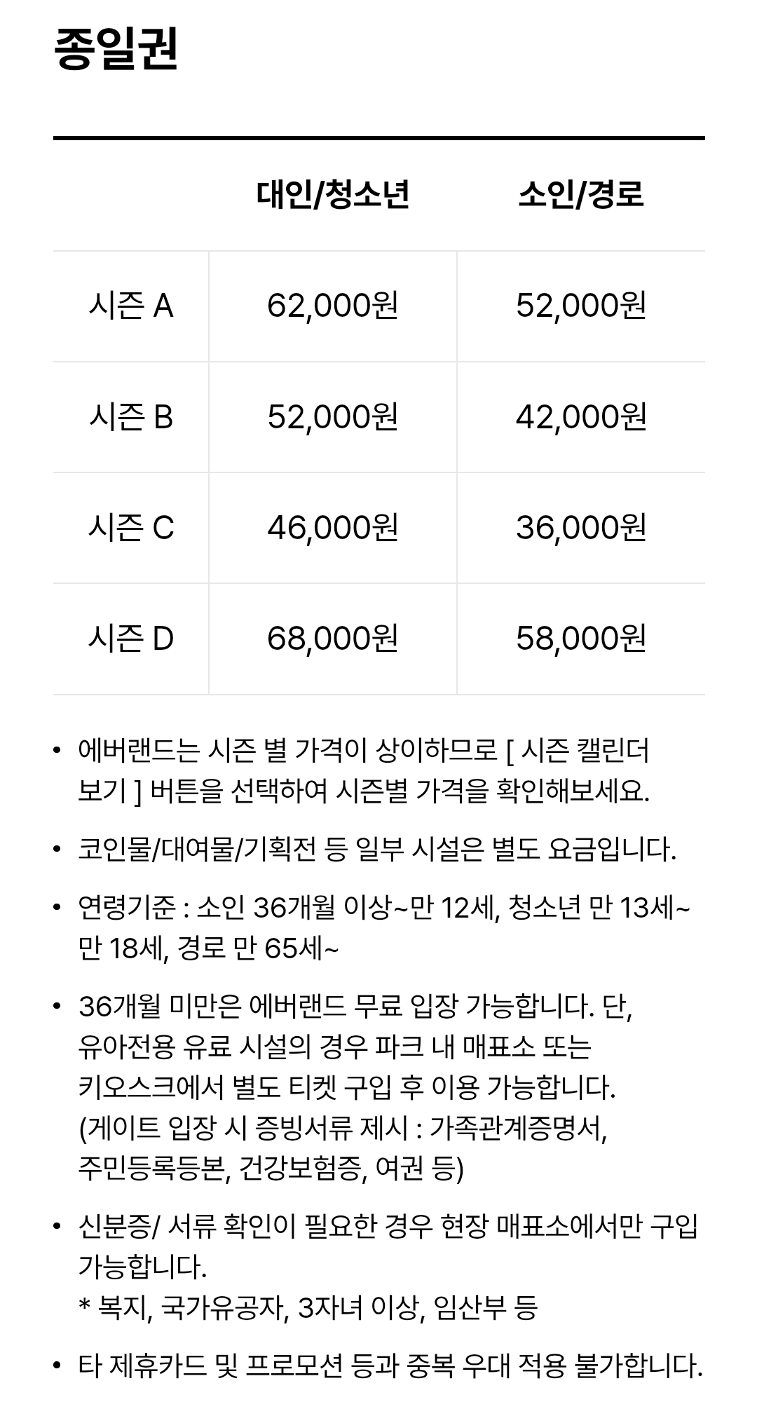 에버랜드 종일권 시즌별 이용요금 안내