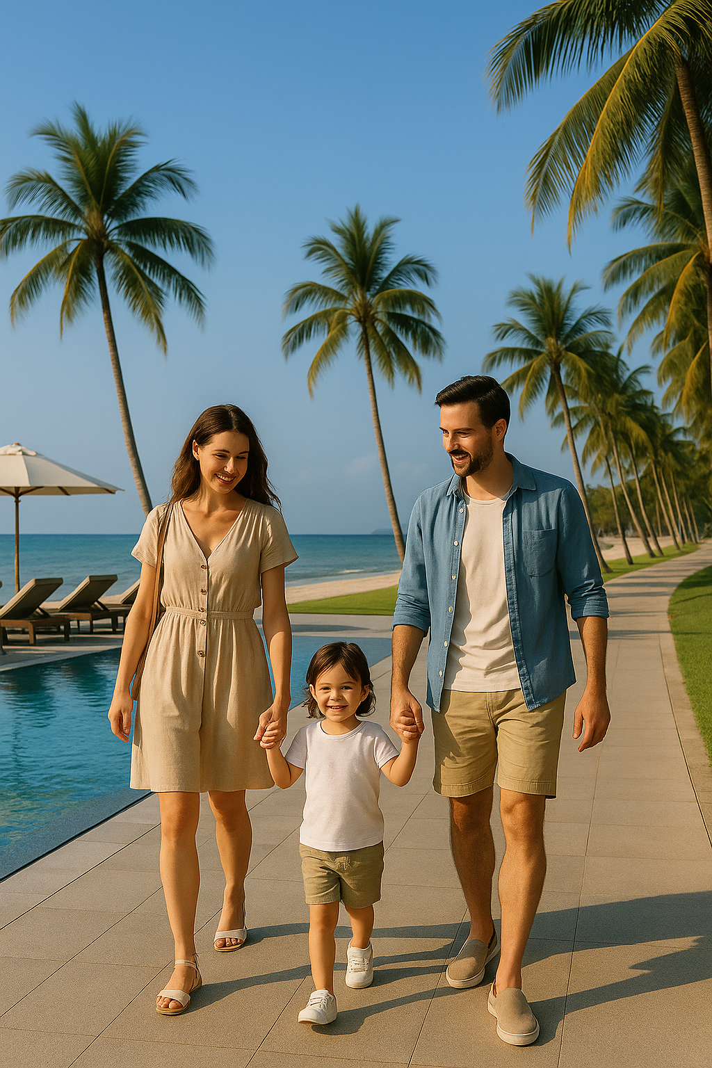 푸꾸옥 리조트 수영장과 해변 산책로를 따라 아침 햇살 속을 걷는 가족