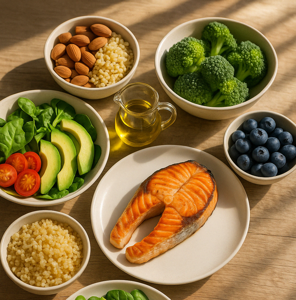 "햇살이 비치는 식탁 위에 고지혈증에 좋은 음식들이 담긴 접시가 놓여 있다. 연어구이, 아보카도, 시금치, 방울토마토, 블루베리, 올리브유, 견과류, 귀리 등이 건강하게 차려진 모습."
