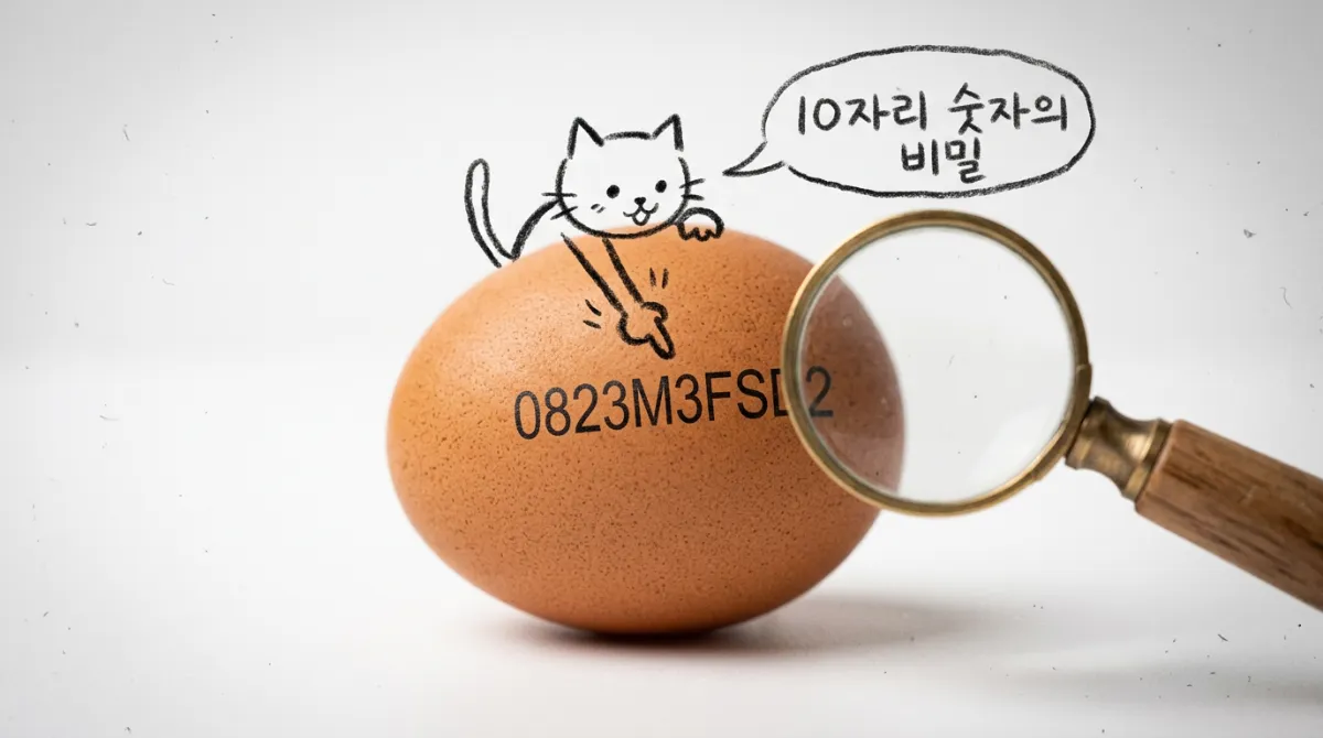 달걀 껍데기에 찍힌 난각번호 0823M3FSD2를 확대해서 보여주는 이미지, 스틱 고양이 캐릭터가 숫자를 가리키는 모습