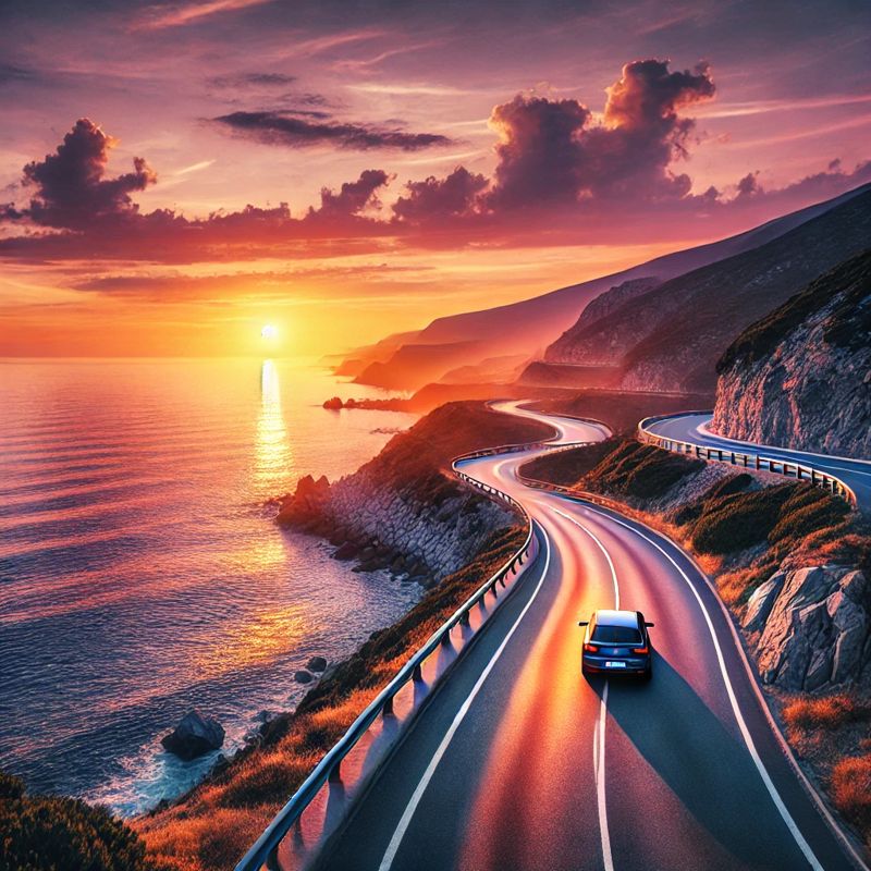 A scenic coastal road drive during sunset, 해안도로 드라이브