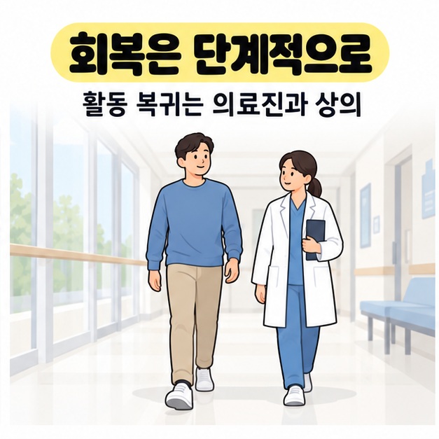 회복은 단계적으로 진행한다는 안내 아래 환자가 의료진과 함께 병원 복도를 걷는 그림