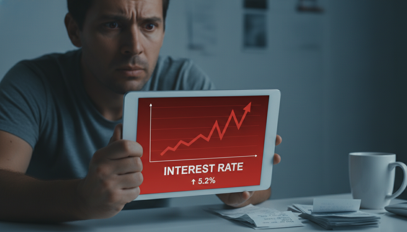 금리 인상과 치솟는 대출 이자로 인해 태블릿을 보며 심각하게 스트레스 받는 사람의 모습