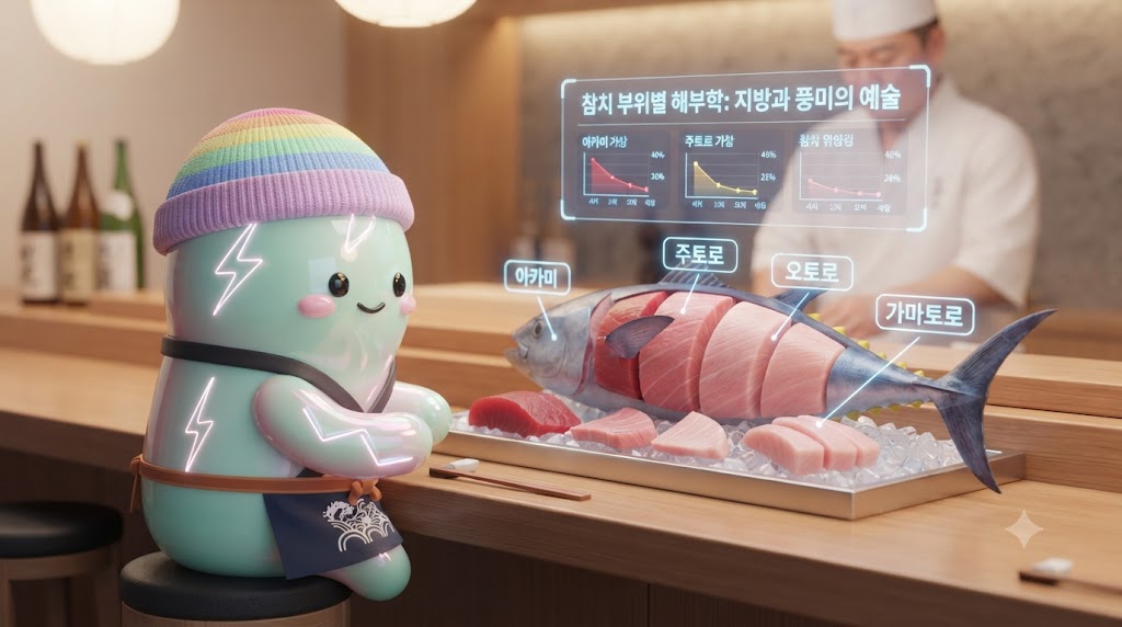 고급스러운 일본 스시 카운터, 3D 쫀쿠가 정갈한 요리사 복장을 하고 앉아 있습니다. 쫀쿠 앞에는 거대한 참다랑어 모형이 부위별로 해부되어 있고, 아카미, 주토로, 오토로, 가마토로가 영롱한 자태를 뽐내며 스시로 만들어지는 과정이 입체적으로 펼쳐집니다. 각 부위의 지방 함량과 특징을 설명하는 홀로그램 메뉴판도 함께합니다.