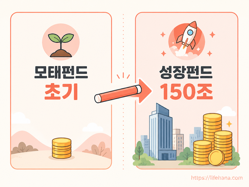 모태펀드 자산에서 선별된 기업들이 성장기업발굴협의체의 심사를 거쳐 국민성장펀드로 연결되는 3단계 금융 이송 인포그래픽