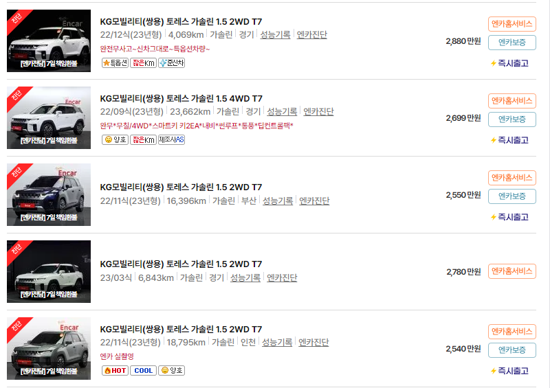 KG모빌리티 토레스 중고차 가격 시세표 24년10월