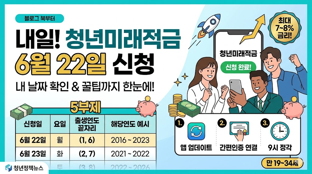 alt="청년미래적금 6월 22일 신청 안내 인포그래픽 이미지. 6월 22일(월) 끝자리 1·6부터 26일(금) 끝자리 5·0까지의 출생연도 5부제 일정표가 알기 쉽게 정리되어 있습니다. 최대 연 7~8% 금리 혜택과 월 50만 원 납입 시 최대 2,255만 원 수령 정보를 포함하며, 당일 신청 꿀팁으로 앱 업데이트, 간편인증 연결, 오전 9시 정각 신청 대기 요령이 아이콘과 함께 구조화되어 있습니다."