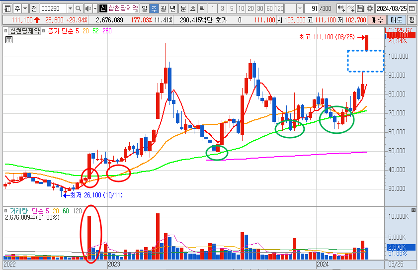 삼천당제약 주가 주봉 차트 분석 (24.3.25)