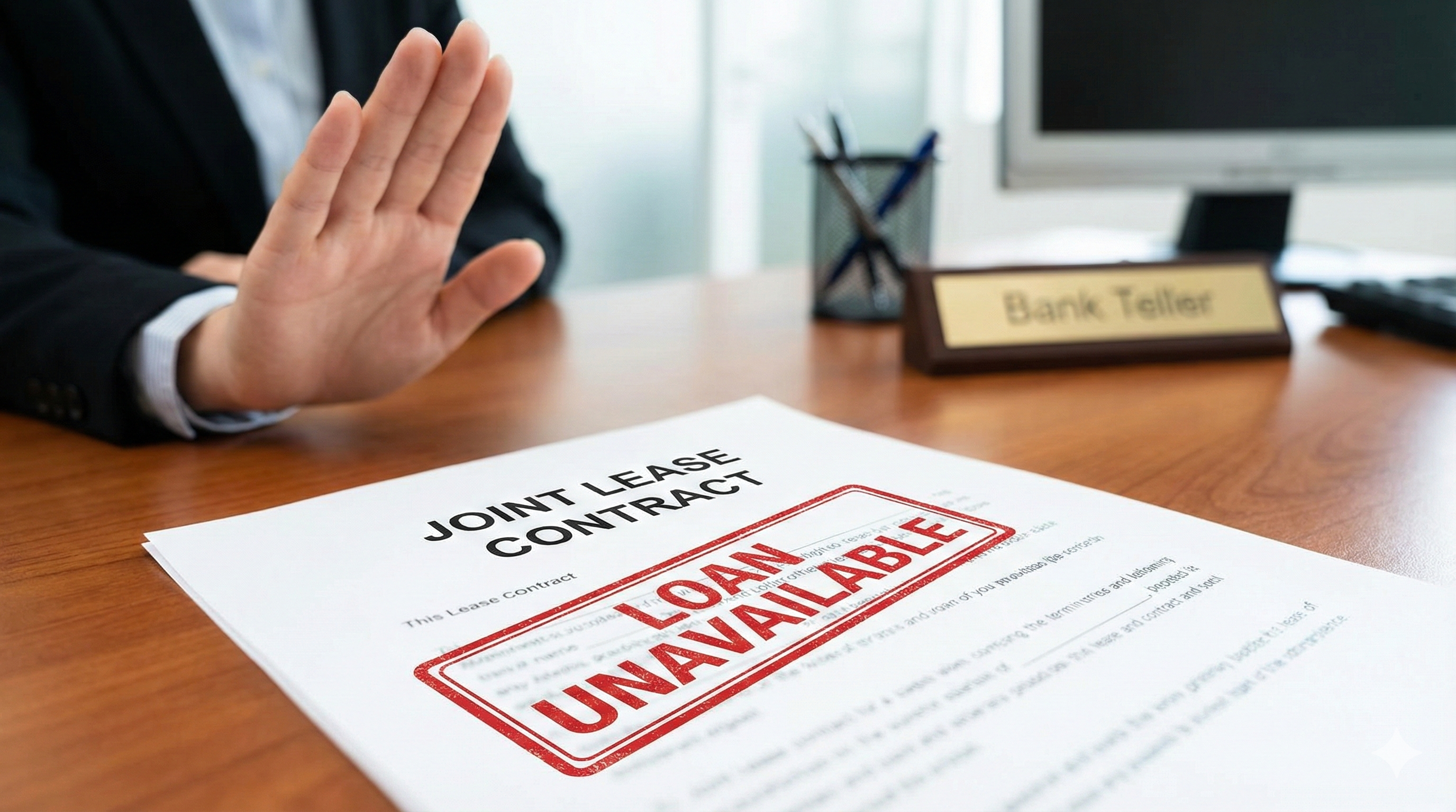 은행 직원이 서류를 검토하다가 거절하는 손짓을 하고, 책상 위 서류에는 '대출 불가' 도장이 찍혀 있는 모습