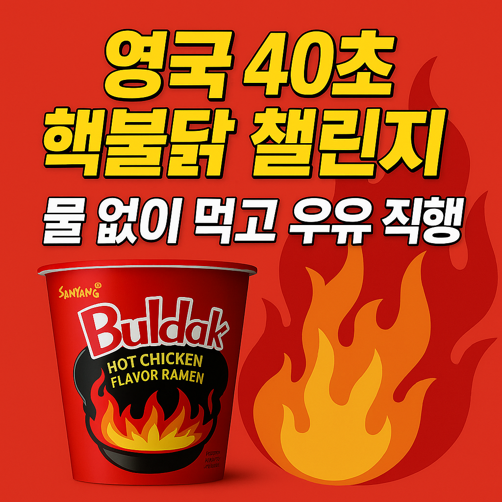 핵불닭볶음면 컵과 불꽃 그래픽 위에 ‘영국 40초 핵불닭 챌린지, 물 없이 먹고 우유 직행’이라는 문구가 들어간 썸네일 이미지