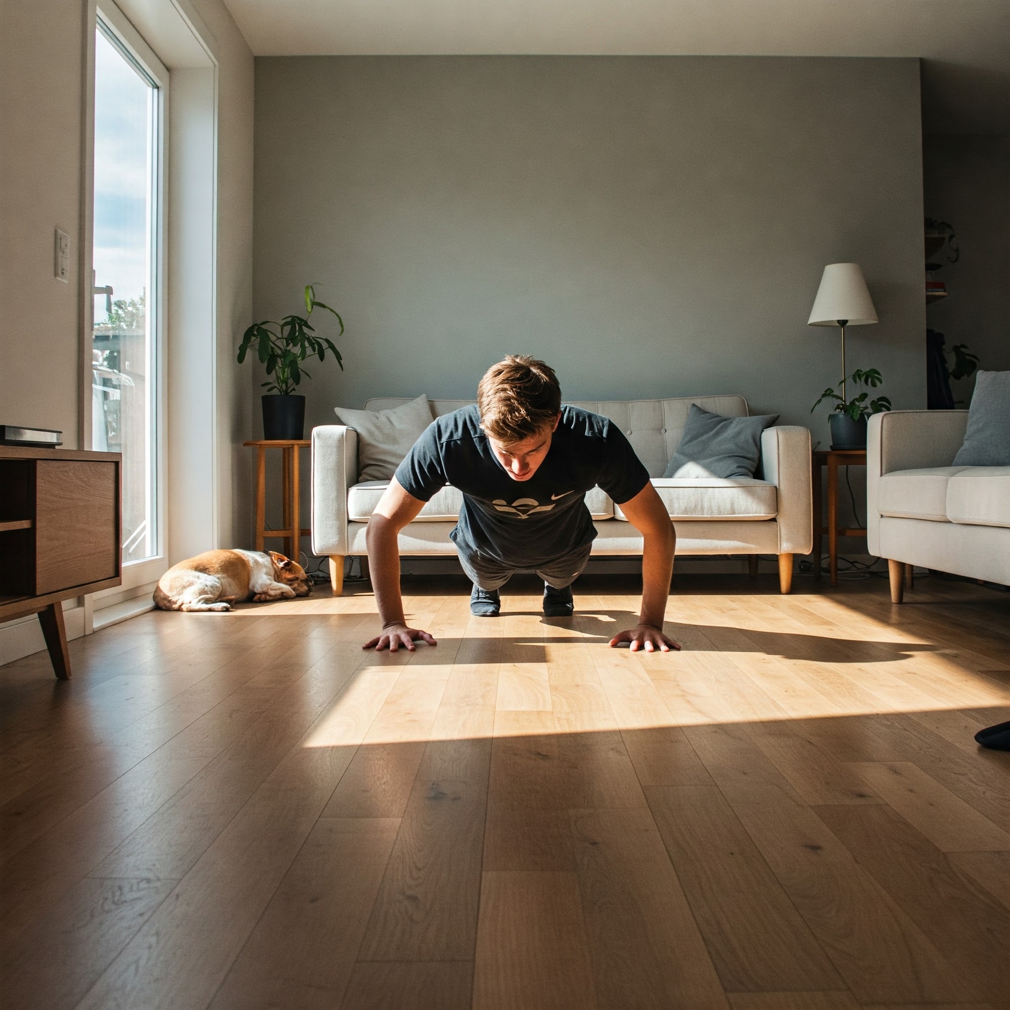 집에서 홈 트레이닝 중인 남성