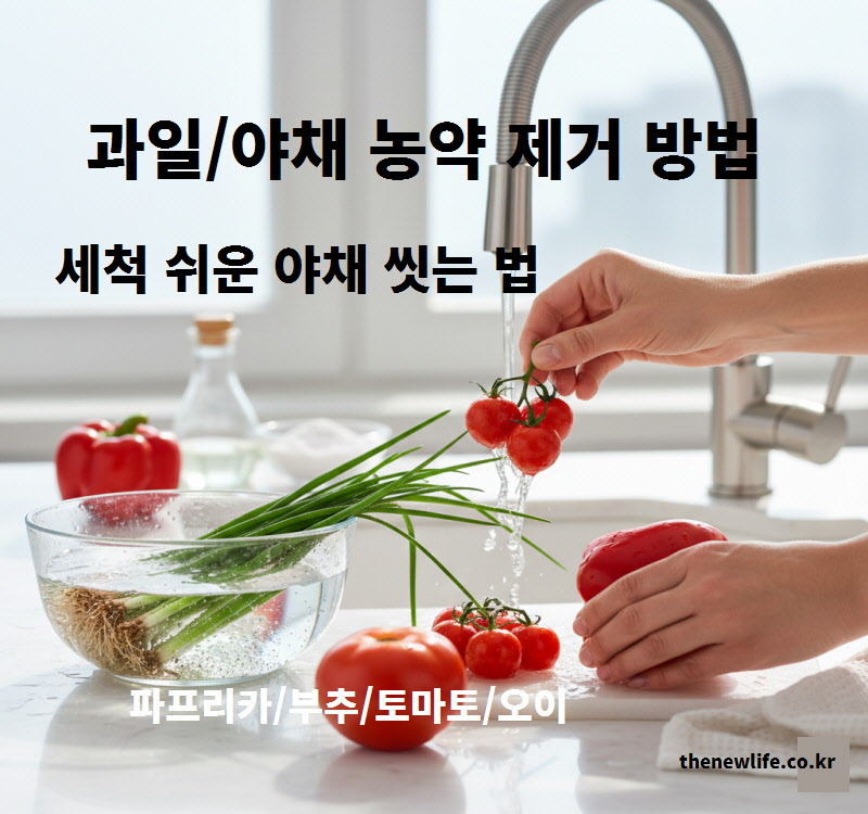 토마토 꼭지를 떼고 파프리카 표면을 문질러 과일 야채 농약 제거 방법을 마무리하는 세척 과정