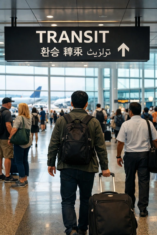 공항 환승 구역에서 트랜짓 표지판 아래를 배낭과 캐리어를 끌고 걸어가는 30대 한국인 남성의 뒷모습, 큰 유리창 너머로 항공기가 보이는 국제공항 터미널 풍경