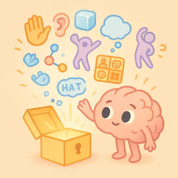 뇌 캐릭터가 대처 상자를 열고 감각&middot;감정 아이콘들을 발견하는 따뜻한 장면