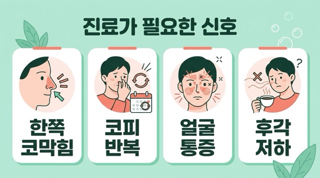 비염 증상 병원 진료 신호 한쪽 코막힘 코피 후각 저하 얼굴 통증